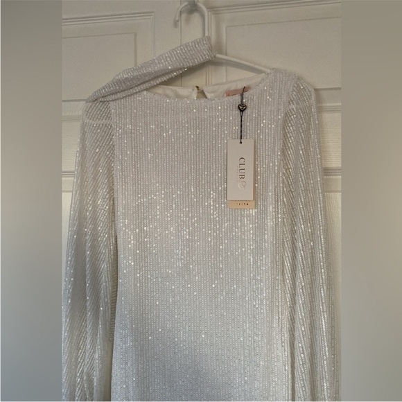 Club L London White Sequin Long Sleeve Mini Dress Size 8 - Picture 6 of 16